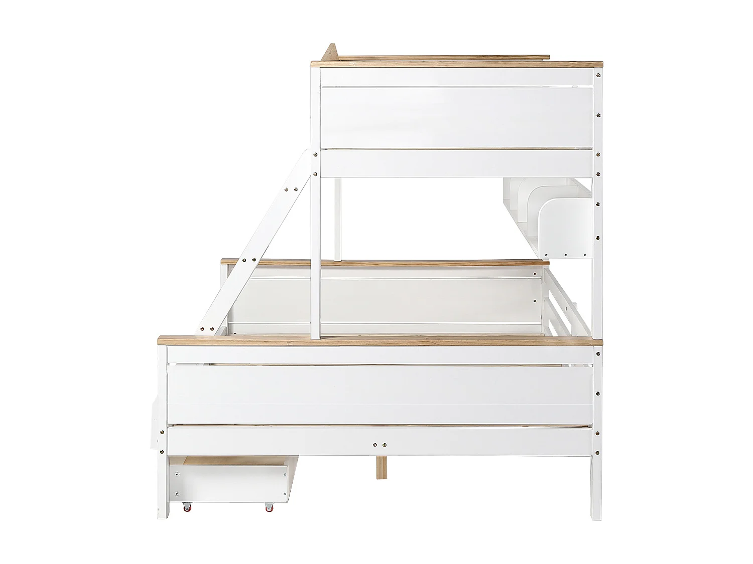 Lit superposé 90/140x200 cm, barrière de sécurité, rangement, pin et MDF, blanc et naturel, sans matelas