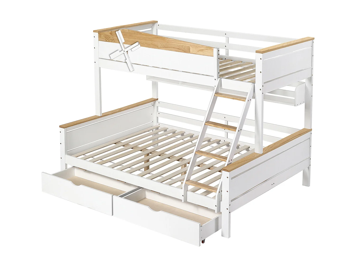 Lit superposé 90/140x200 cm, barrière de sécurité, rangement, pin et MDF, blanc et naturel, sans matelas