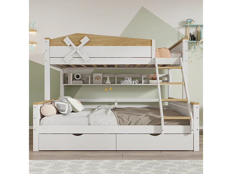 Lit superposé 90/140x200 cm, barrière de sécurité, rangement, pin et MDF, blanc et naturel, sans matelas