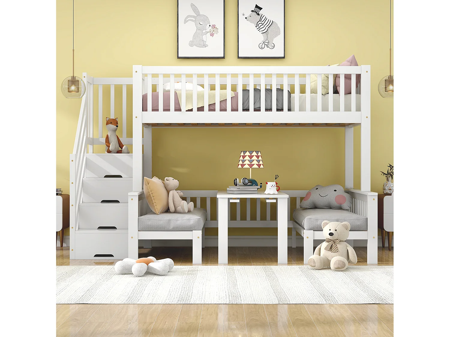 Lit superposé 90/120x200 cm,  table et canapé peuvent être convertis en lit, Pin et MDF, blanc, sans matelas