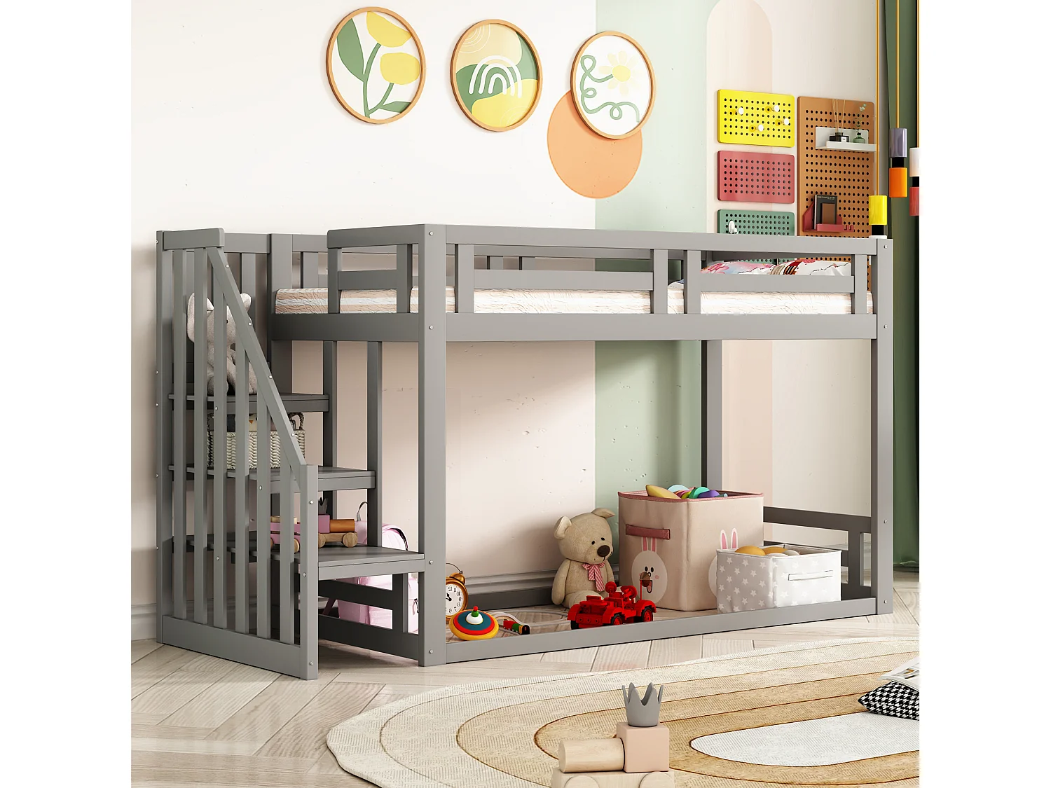 Kinder Stapelbed 90x200cm - Huisbed Multifunctioneel Met Opbergrek en Veiligheidsrail 29cm - Massief Hout - Grijs - Zonder matras