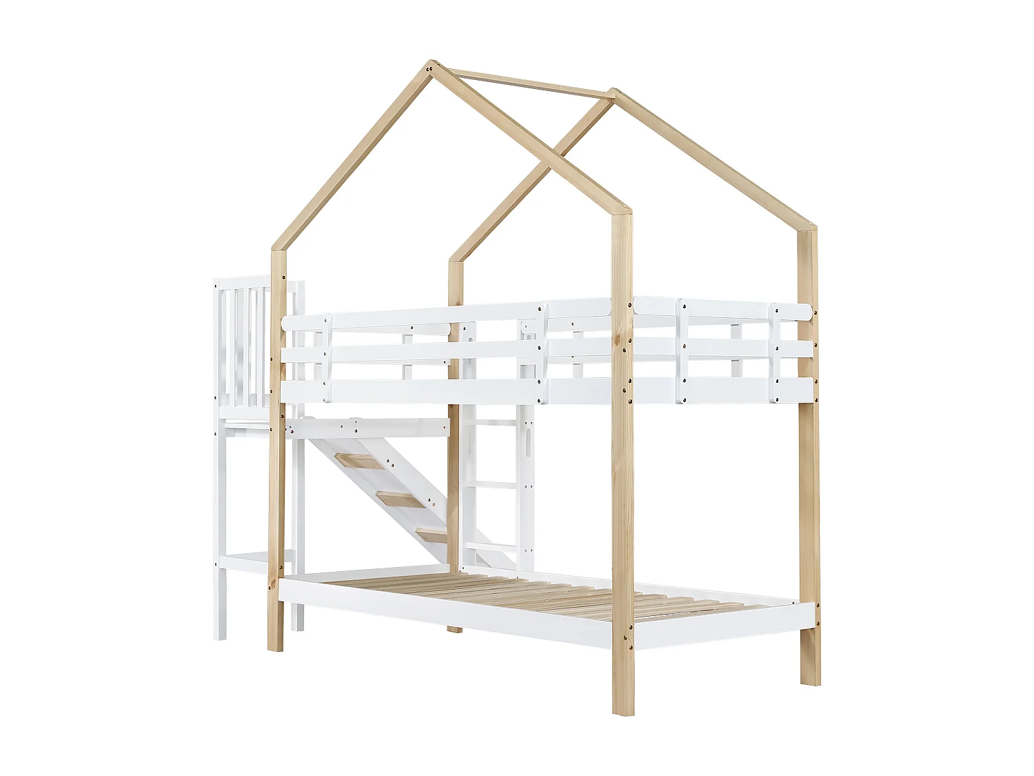 Lit superposé enfant 90x200 cm, avec toboggan, échelle sécurisée, en bois blanc et naturel, sans matelas