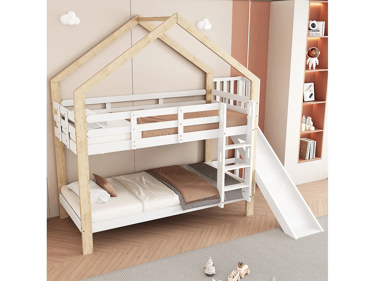 Stapelbedden voor kinderen - 90x200 - Hoogslaper met Glijbaan en Veiligheidsrek - Hout - Wit