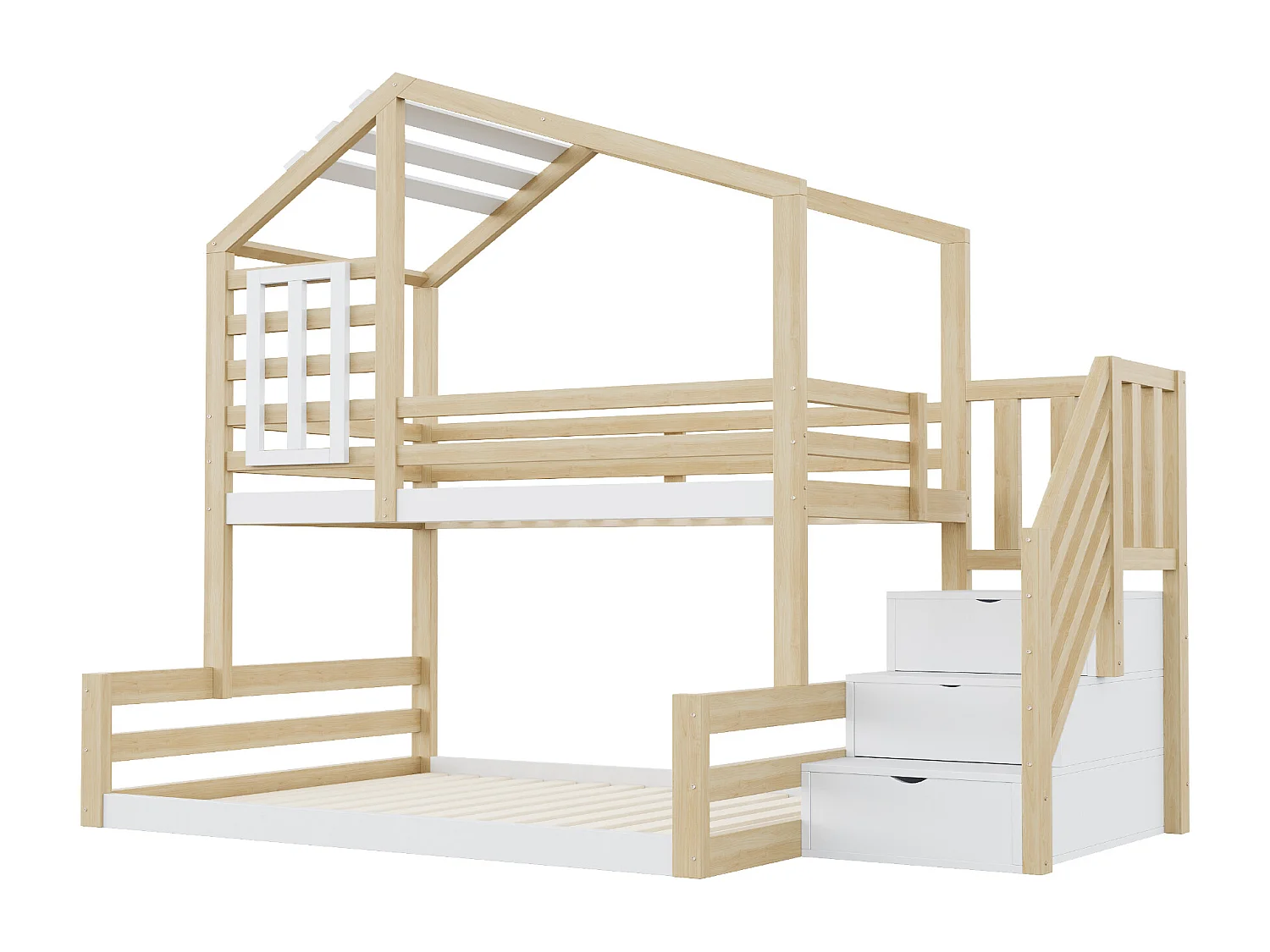 Lit superposé 90/140x200 cm avec garde-corps, escalier de rangement, pin et MDF, blanc et naturel, sans matelas
