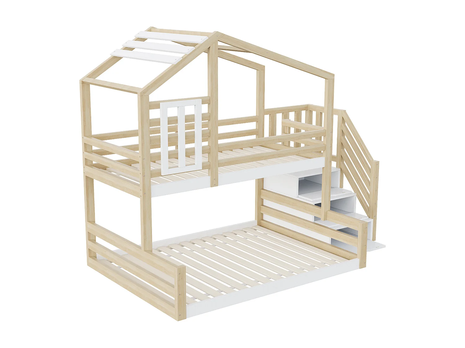 Lit superposé 90/140x200 cm avec garde-corps, escalier de rangement, pin et MDF, blanc et naturel, sans matelas