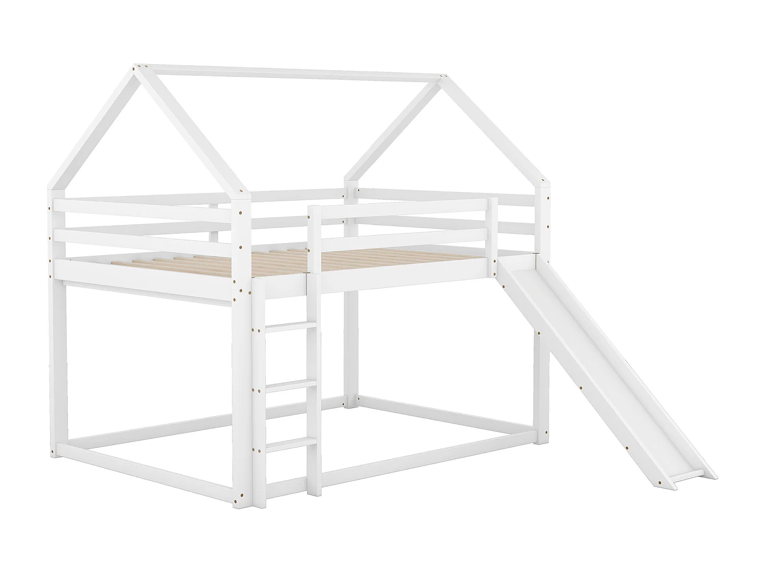 Lit superposé enfant 140x200cm avec toboggan et échelle, 1 sommier, lit cabane, Pin, MDF, blanc sans matelas