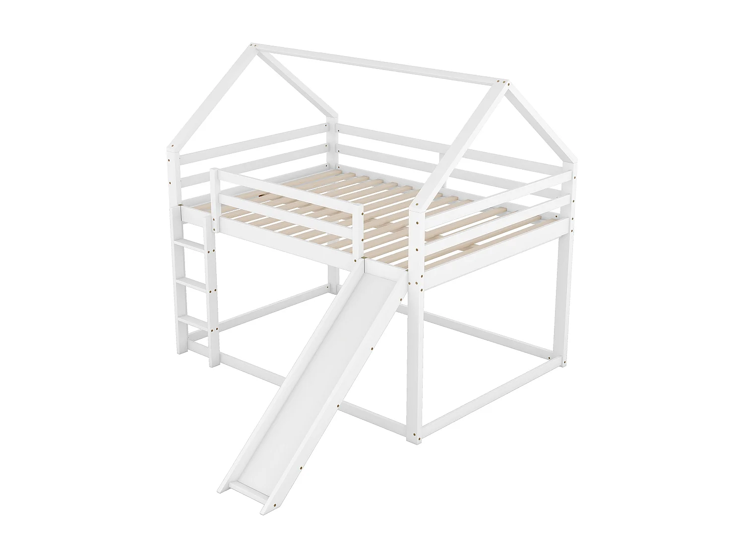 Lit superposé enfant 140x200cm avec toboggan et échelle, 1 sommier, lit cabane, Pin, MDF, blanc sans matelas