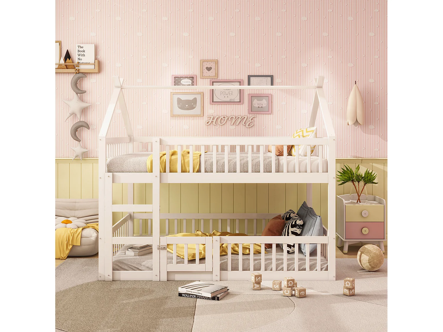 Lit superposé 140x200 cm avec échelle, lit cabane, 1 sommier, Bois, contreplaqué, MDF, blanc, sans matelas