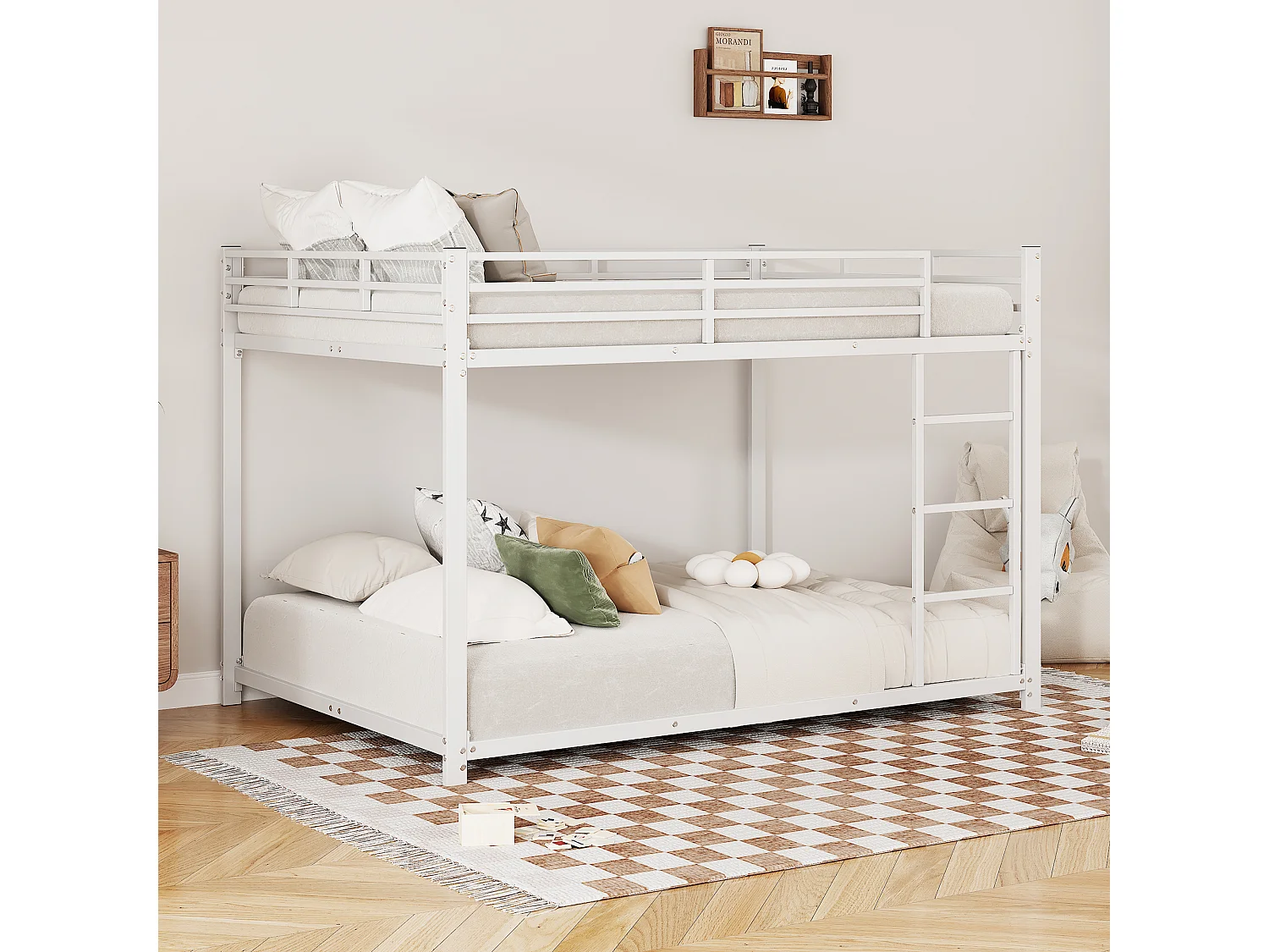 lit superposé enfants 140x200 cm avec échelle, 2 sommiers, forme classique, fer blanc, sans matelas