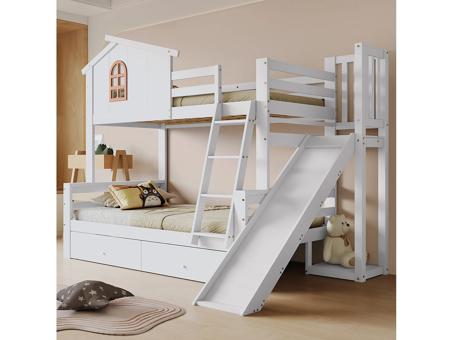 Lit superposé avec fenêtres, avec diapositiva, 90x200 et 120x200 cm, 2 tiroirs, en bois, blanc, sans matelas