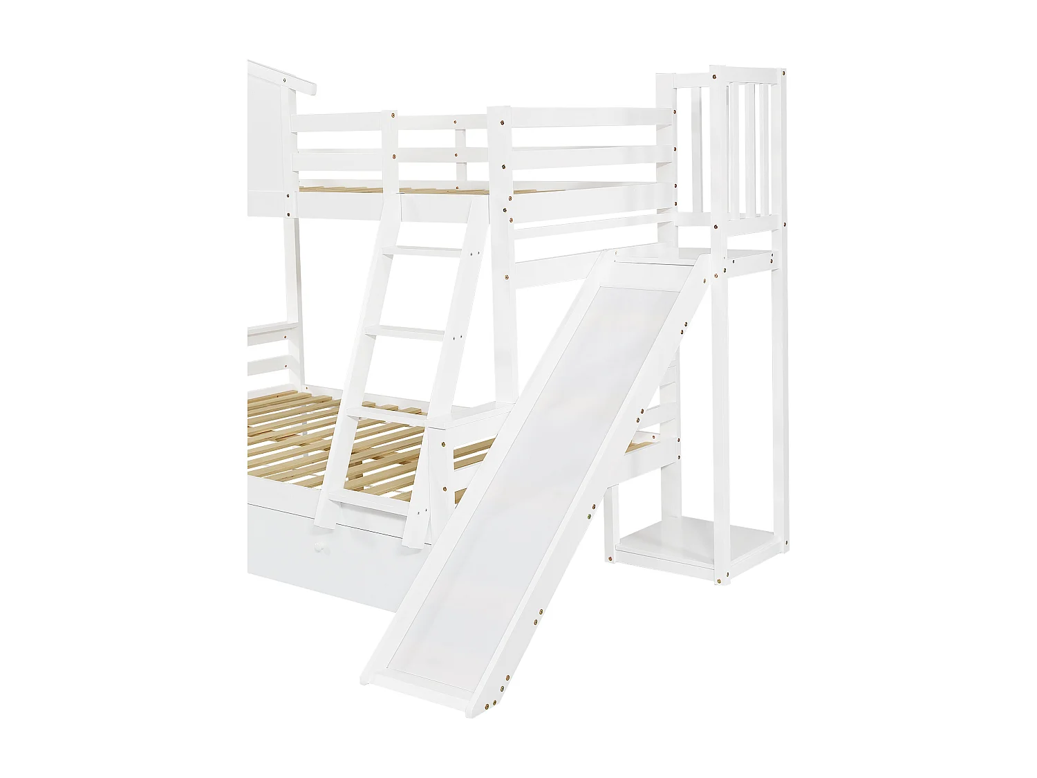 Lit superposé avec fenêtres, avec diapositiva, 90x200 et 120x200 cm, 2 tiroirs, en bois, blanc, sans matelas