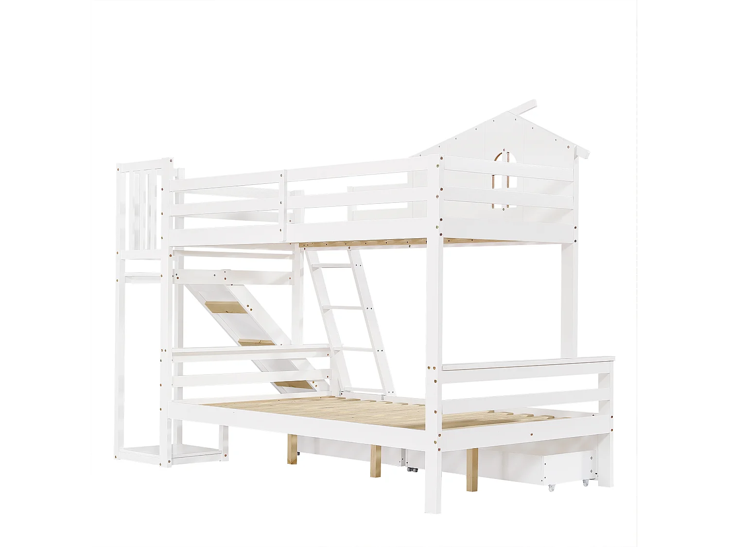 Lit superposé avec fenêtres, avec diapositiva, 90x200 et 120x200 cm, 2 tiroirs, en bois, blanc, sans matelas