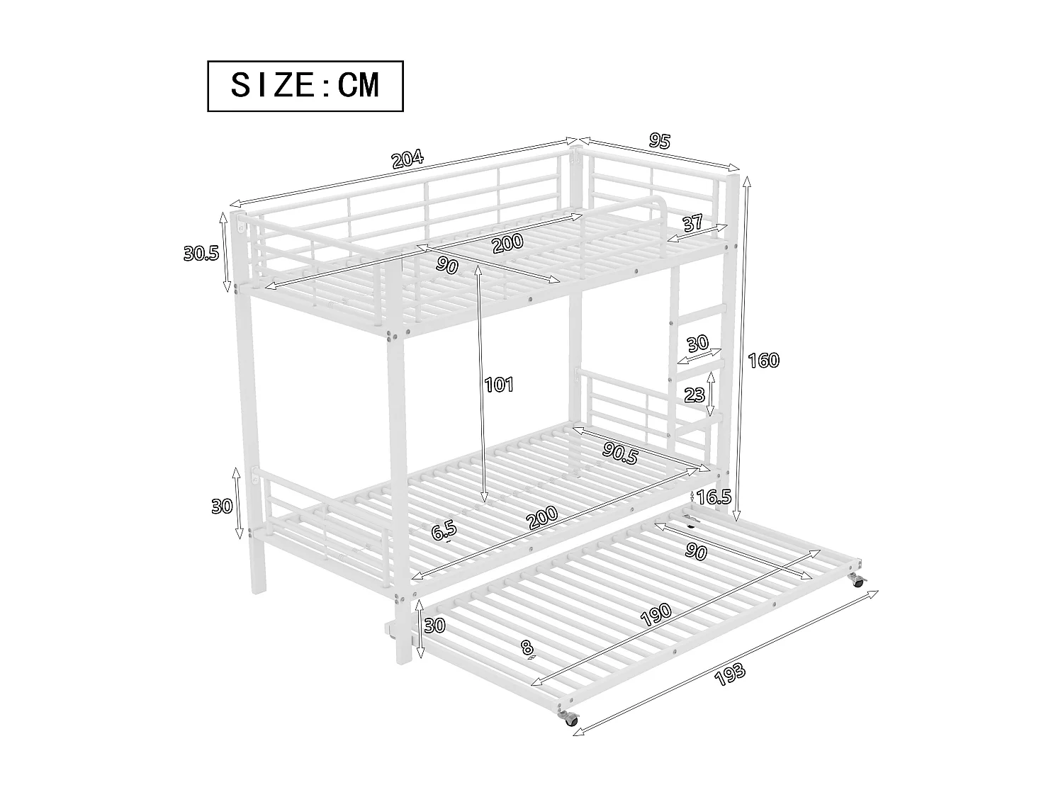 Lit superposé lit gigogne 90x190/200 cm avec protection anti-chute et échelle, métal blanc, sans matelas
