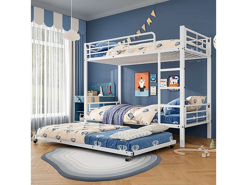 Lit superposé lit gigogne 90x190/200 cm avec protection anti-chute et échelle, métal blanc, sans matelas