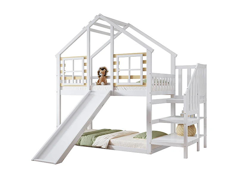 Lit superposé enfant 90x200 cm avec toboggan et fenêtres, lit en bois avec échelle, sans matelas