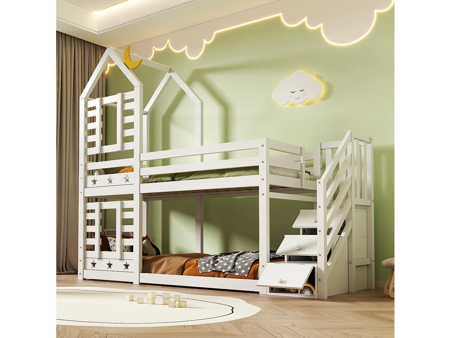 Lit superposé 90x200 cm, lit cabane, rangement, Pin, MDF, panneaux de particules, blanc, sans matelas