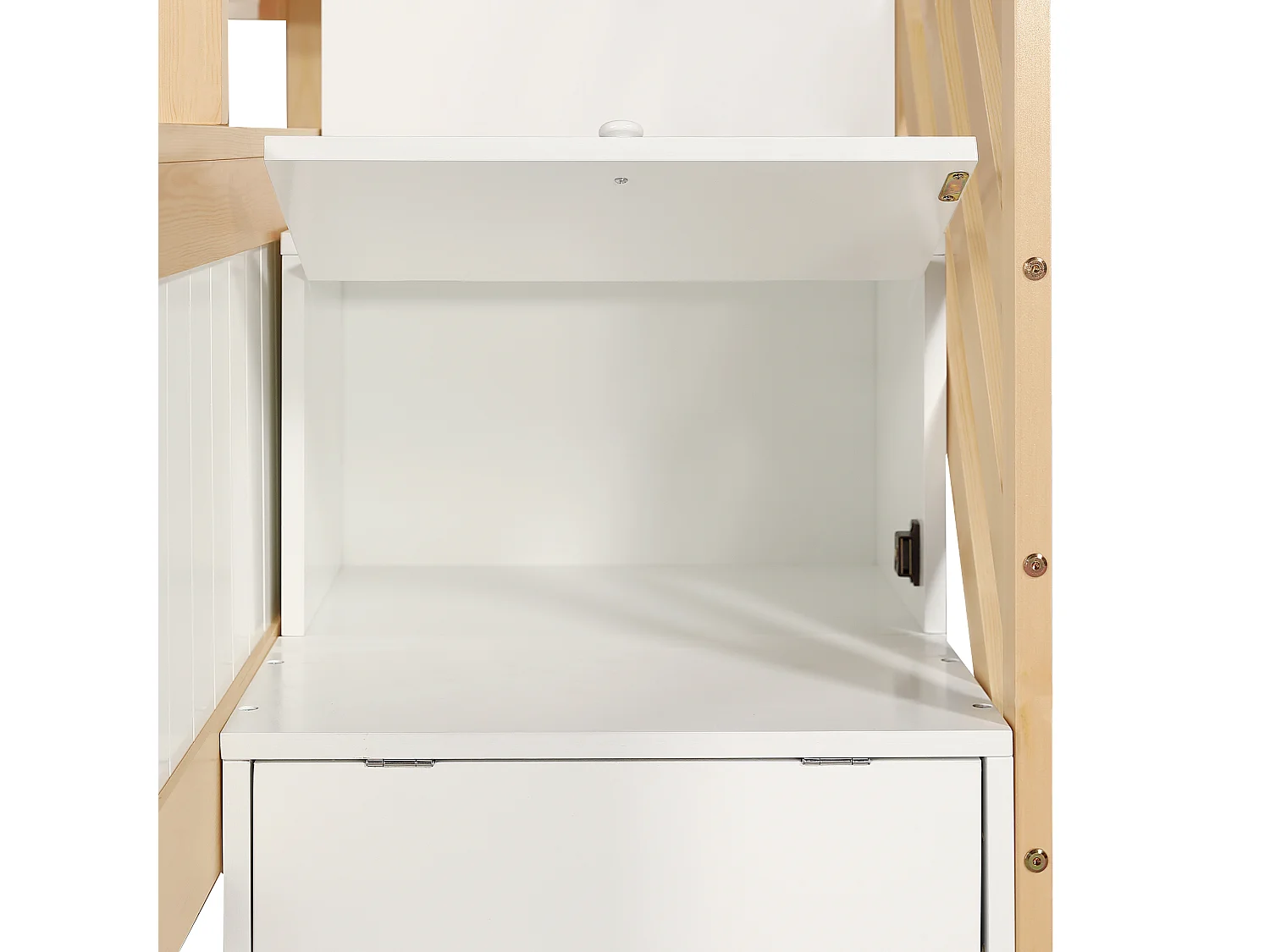 Lit superposé lit gigogne, 90x200 cm et 90x190 cm, blanc et naturel, avec rangement et sécurité, sans matelas