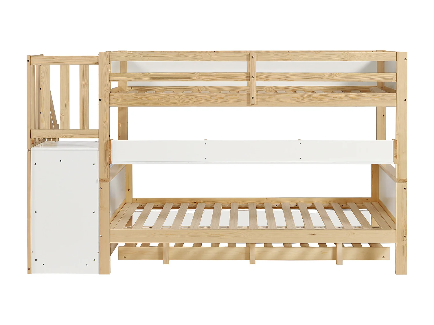 Lit superposé lit gigogne, 90x200 cm et 90x190 cm, blanc et naturel, avec rangement et sécurité, sans matelas