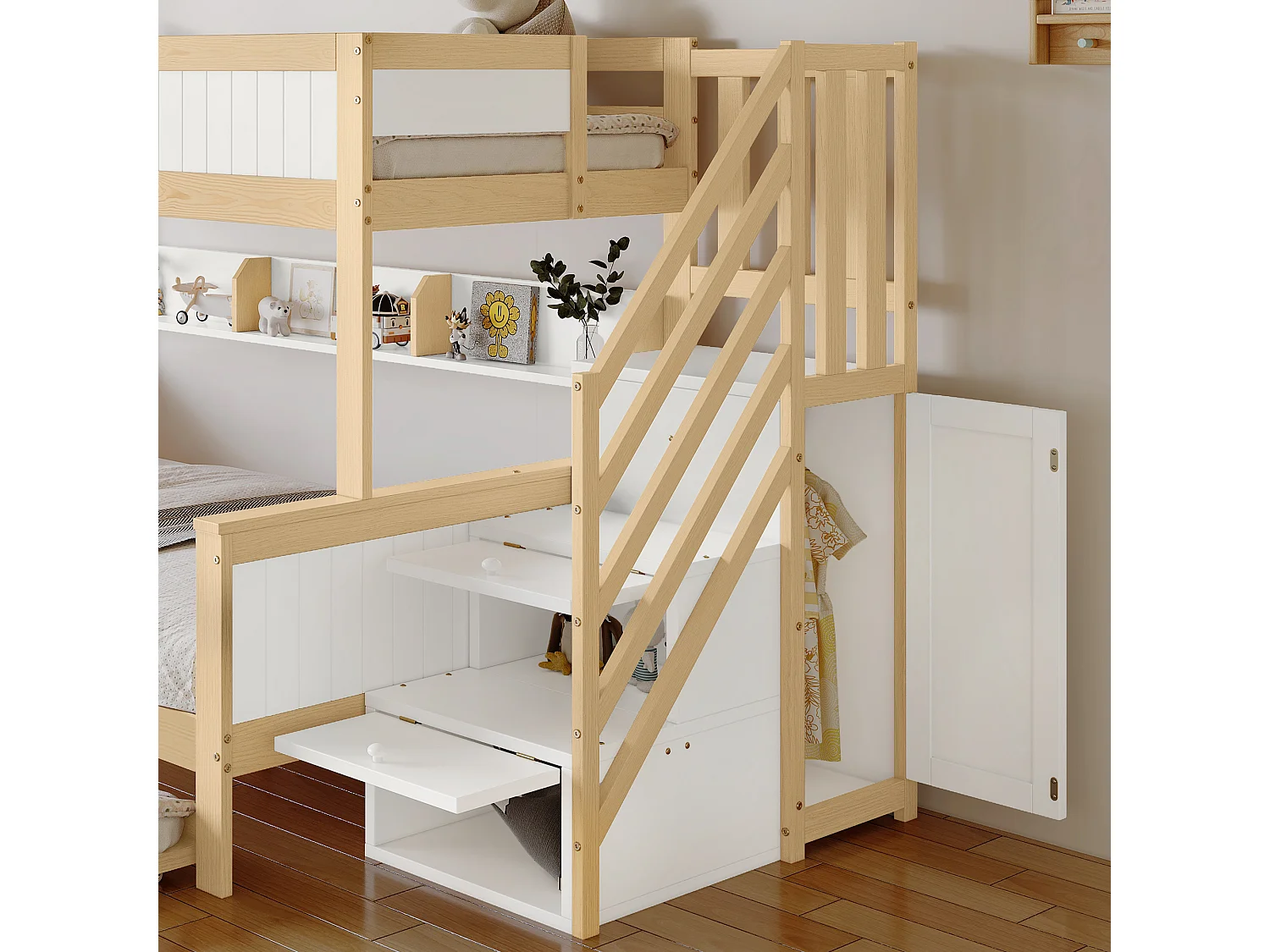 Lit superposé 90 x 200 cm / 120 x 200 cm - Échelle 3 tiroirs & gigogne 90 x 190 cm armoire - Pin+MDF, barrières - Sans matelas - Blanc+Naturel