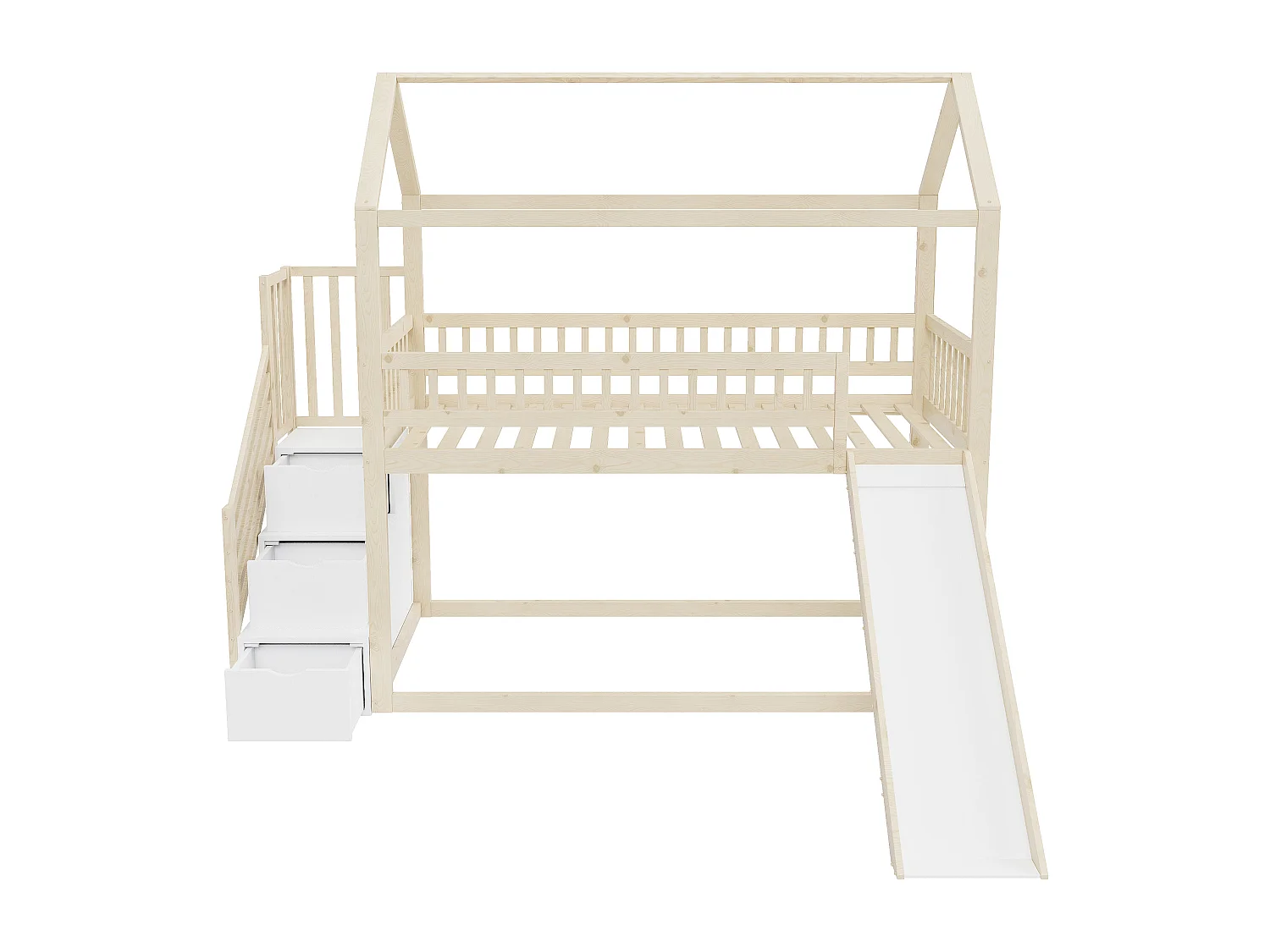 Lit superposé 90x200 cm, lit enfant avec toboggan et échelle de rangement, bois naturel, sans matelas
