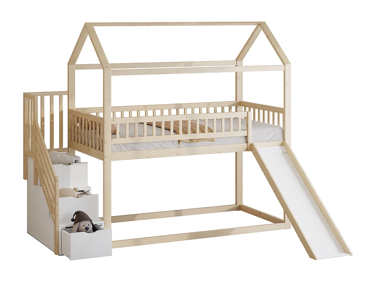 Lit Mezzanine Enfant 90 x 200 cm - Avec Toboggan Et Echelle De Rangement - Structure En Bois Avec Sommier A Lattes - Finition Bois Naturel