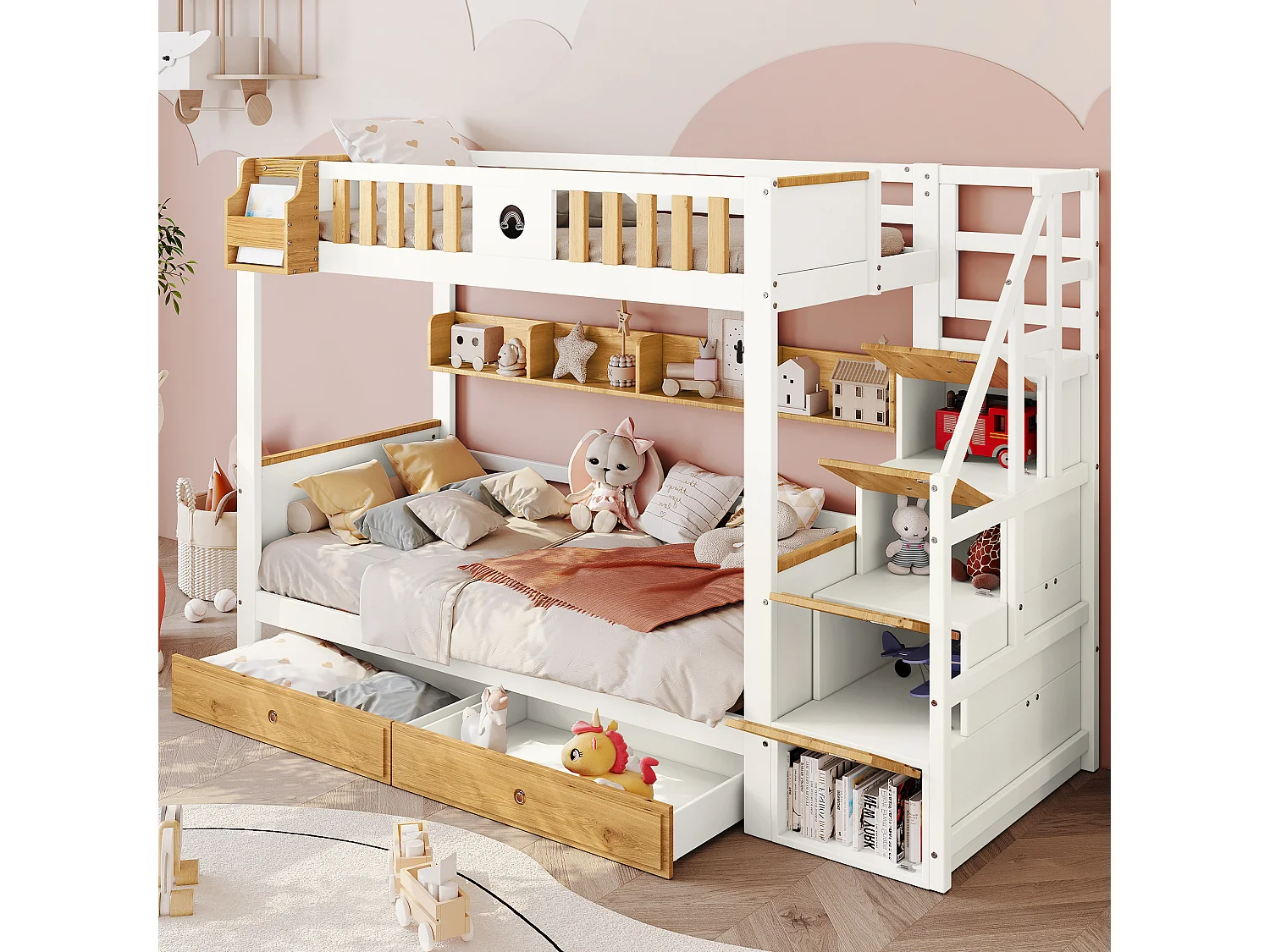 Lit Superpose 90 x 200 cm - Avec Escalier De Rangement 4 Placards, 2 Tiroirs Et Etagere - En Bois Massif Et MDF - Sans Matelas - Blanc+Naturel