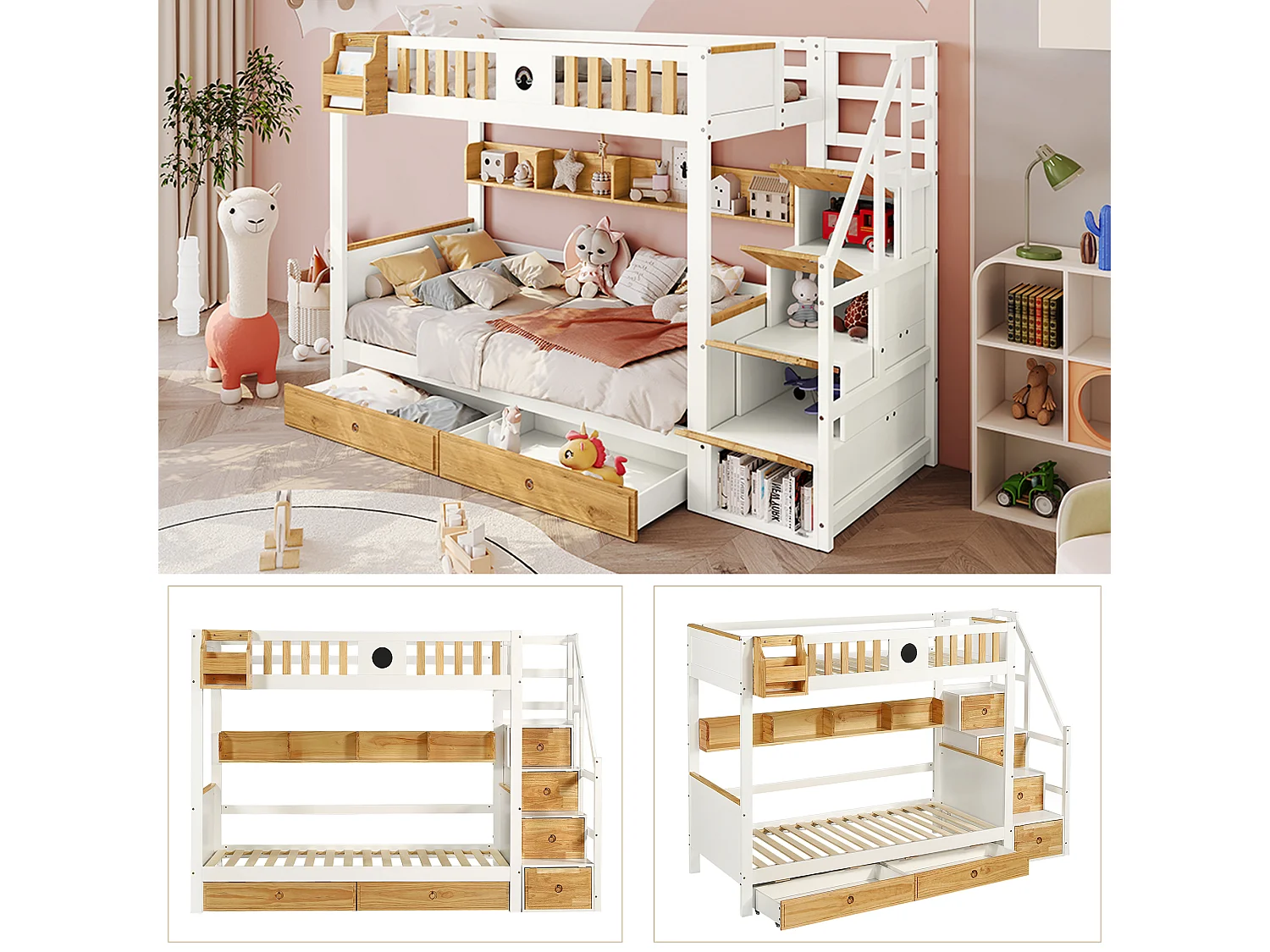 Lit Superpose 90 x 200 cm - Avec Escalier De Rangement 4 Placards, 2 Tiroirs Et Etagere - En Bois Massif Et MDF - Sans Matelas - Blanc+Naturel