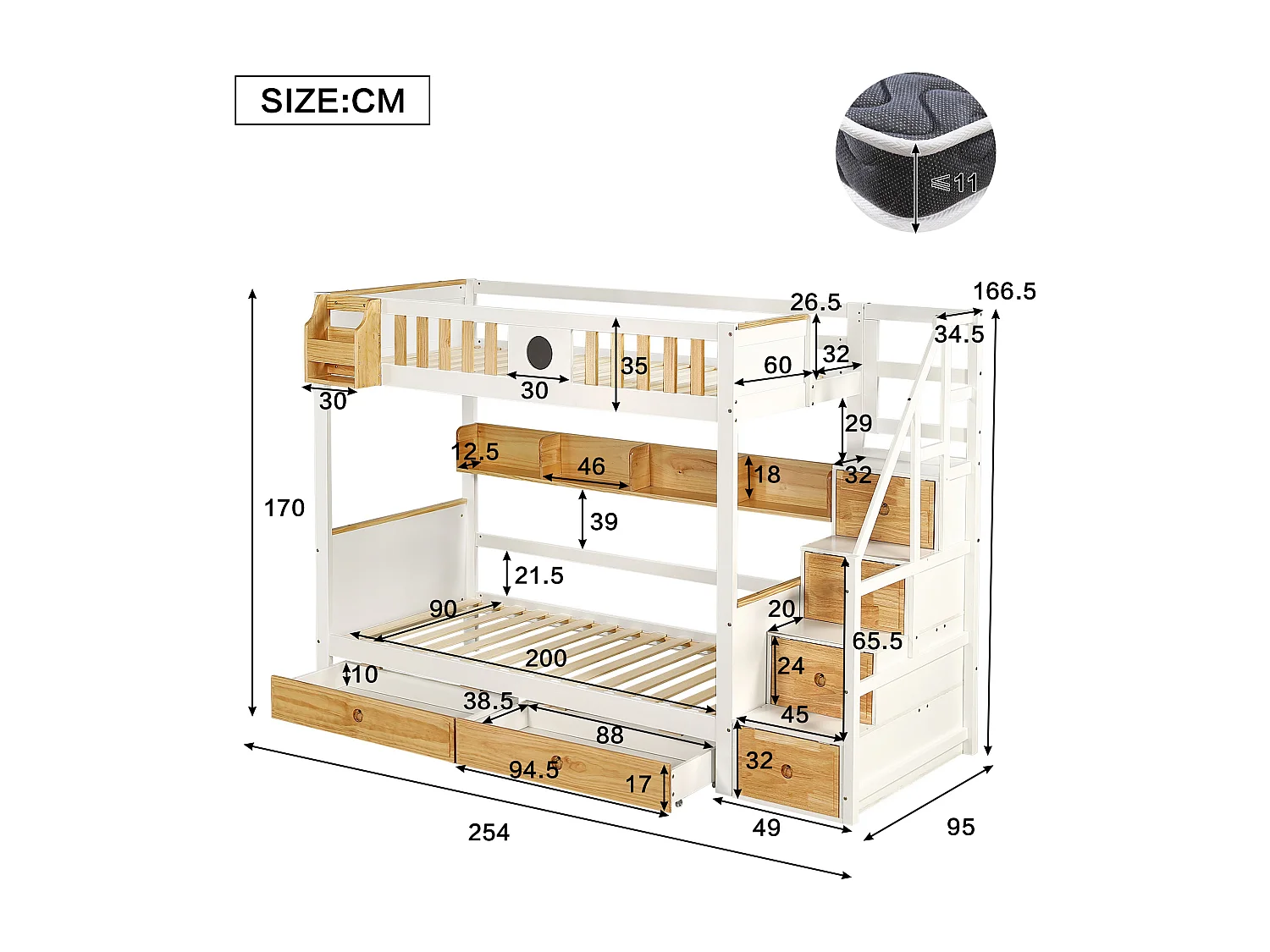 Lit Superpose 90 x 200 cm - Avec Escalier De Rangement 4 Placards, 2 Tiroirs Et Etagere - En Bois Massif Et MDF - Sans Matelas - Blanc+Naturel