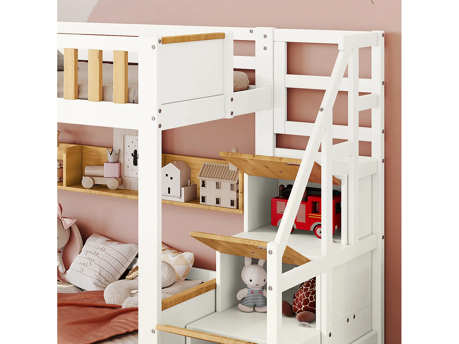 Lit Superpose 90 x 200 cm - Avec Escalier De Rangement 4 Placards, 2 Tiroirs Et Etagere - En Bois Massif Et MDF - Sans Matelas - Blanc+Naturel