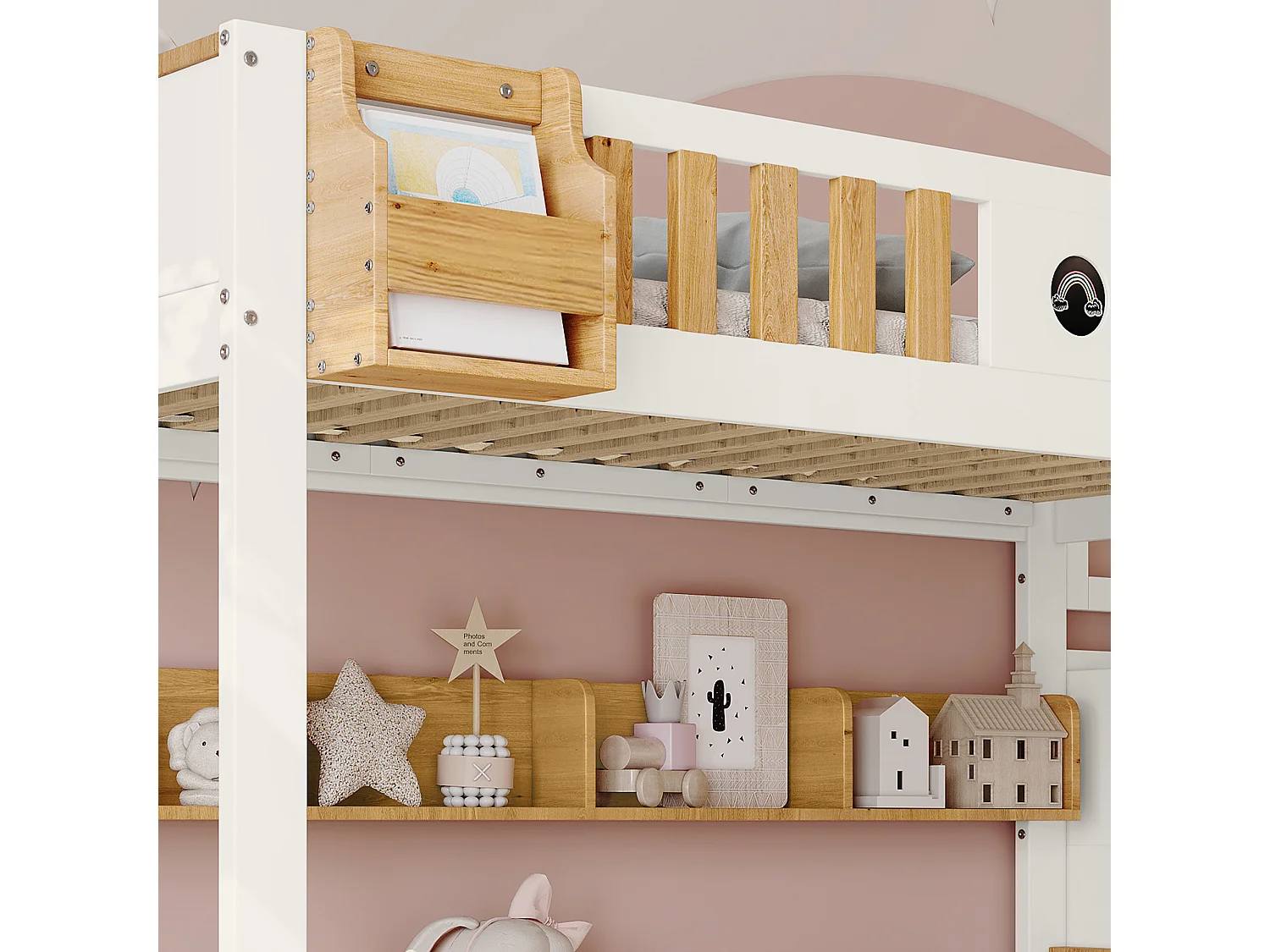 Lit Superpose 90 x 200 cm - Avec Escalier De Rangement 4 Placards, 2 Tiroirs Et Etagere - En Bois Massif Et MDF - Sans Matelas - Blanc+Naturel