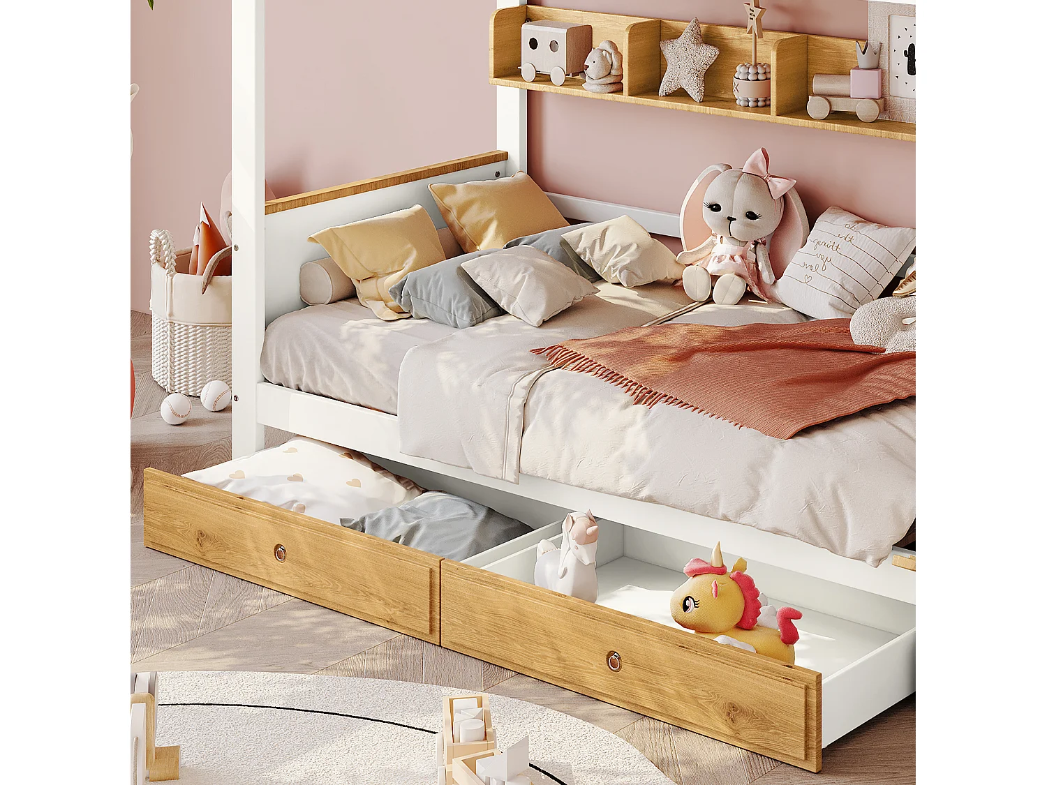 Lit Superpose 90 x 200 cm - Avec Escalier De Rangement 4 Placards, 2 Tiroirs Et Etagere - En Bois Massif Et MDF - Sans Matelas - Blanc+Naturel