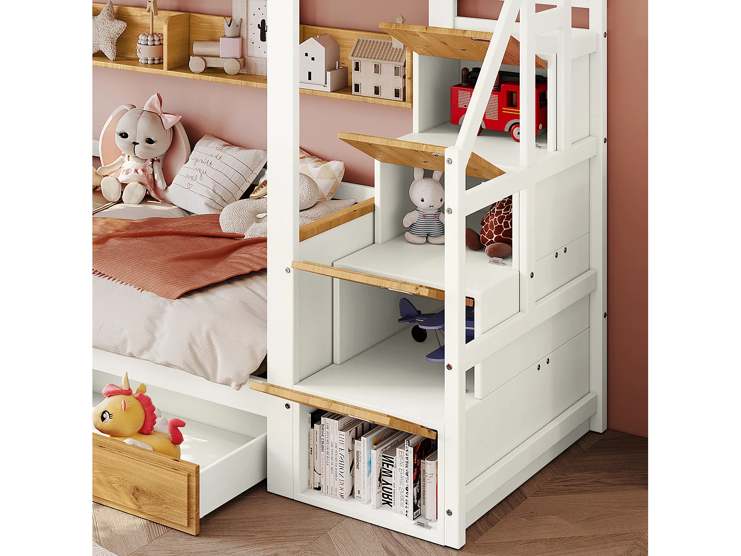 Lit Superpose 90 x 200 cm - Avec Escalier De Rangement 4 Placards, 2 Tiroirs Et Etagere - En Bois Massif Et MDF - Sans Matelas - Blanc+Naturel