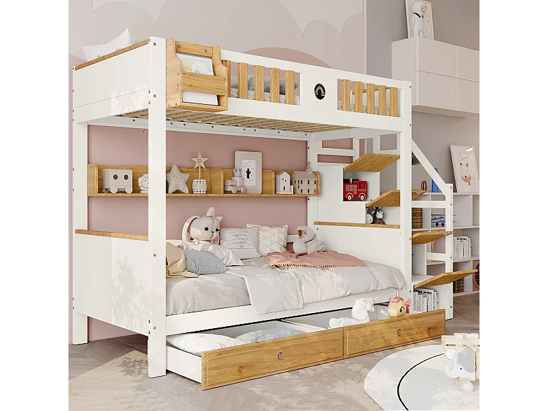 Lit Superpose 90 x 200 cm - Avec Escalier De Rangement 4 Placards, 2 Tiroirs Et Etagere - En Bois Massif Et MDF - Sans Matelas - Blanc+Naturel