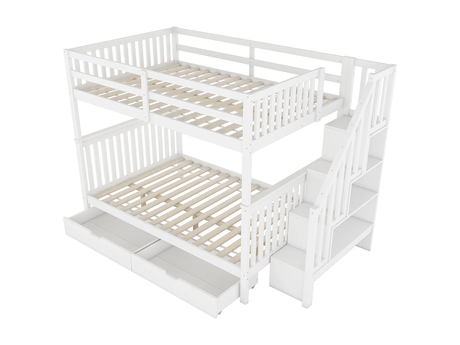 Lit superposé 140 x 200 cm - Structure avec escalier bibliothèque et 2 tiroirs - En pin+MDF - Barrières hautes EN747-1, Sans matelas - Blanc