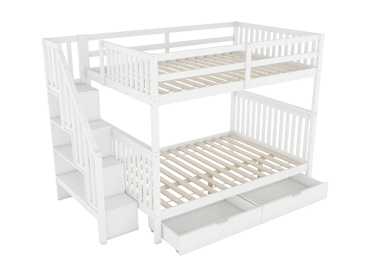 Lit superposé 140 x 200 cm - Structure avec escalier bibliothèque et 2 tiroirs - En pin+MDF - Barrières hautes EN747-1, Sans matelas - Blanc