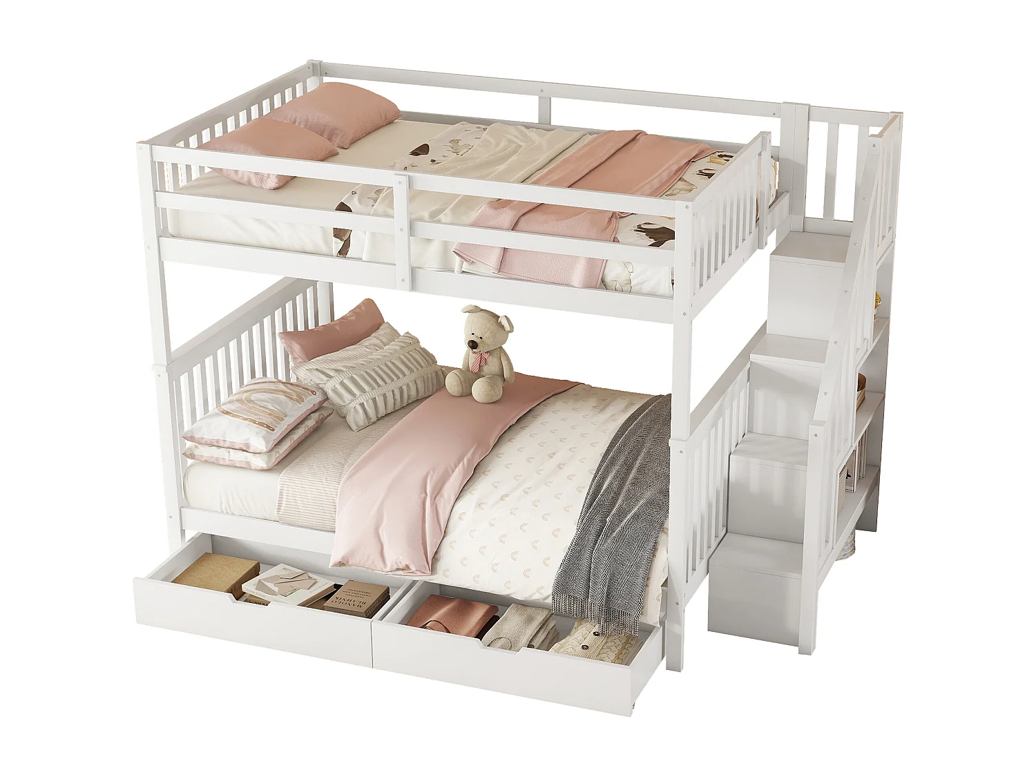 Lit superposé 140 x 200 cm - Structure avec escalier bibliothèque et 2 tiroirs - En pin+MDF - Barrières hautes EN747-1, Sans matelas - Blanc