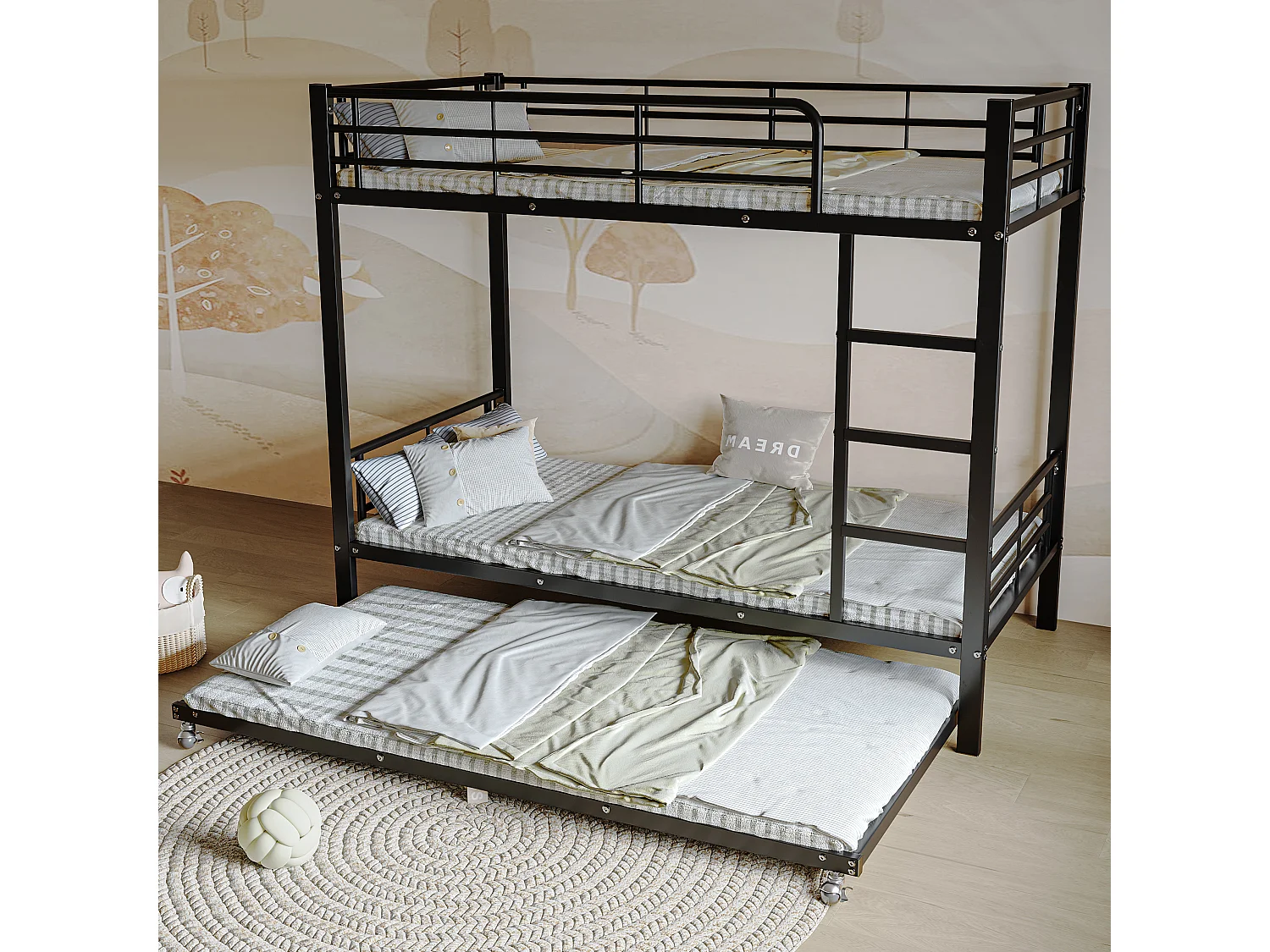 Lit superposé 90x200cm, lit gigogne 90x190cm, sécurisé pour enfants, style simple, métal noir, sans matelas