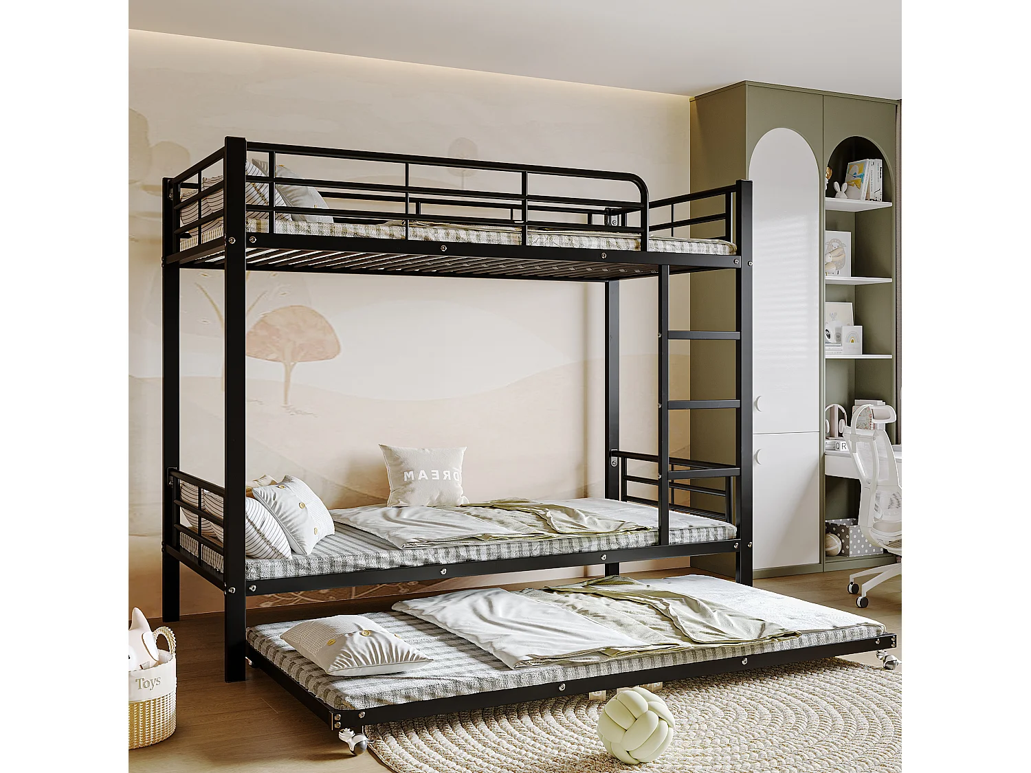 Lit superposé 90x200cm, lit gigogne 90x190cm, sécurisé pour enfants, style simple, métal noir, sans matelas