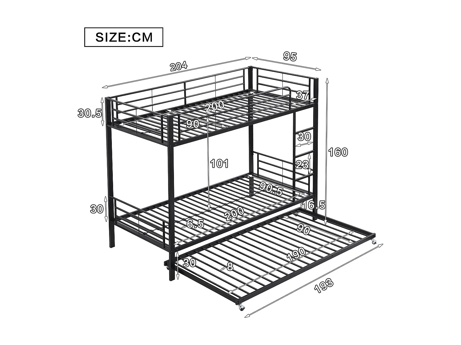 Lit 90x200 cm / 90x190 cm - Lit Superposé Avec Lit Gigogne 3 Places - En Métal, 4 Barrières et Échelle 3 Marches - Noir - Sans Matelas