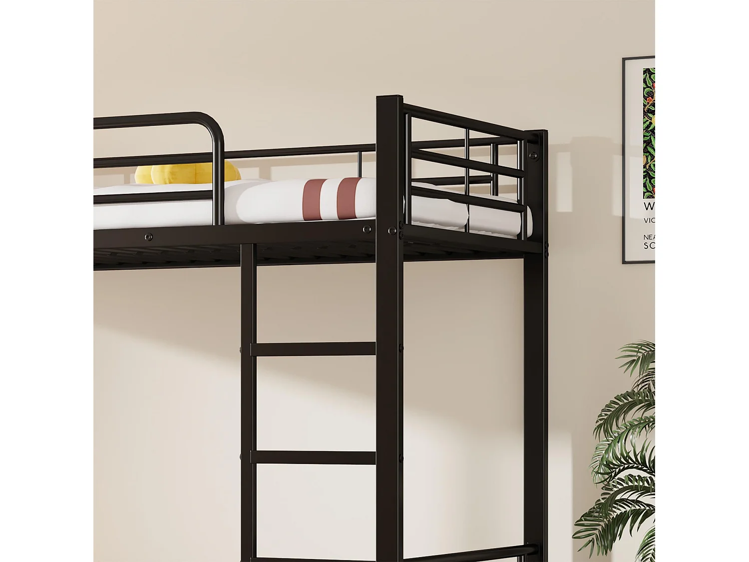 Lit 90x200 cm / 90x190 cm - Lit Superposé Avec Lit Gigogne 3 Places - En Métal, 4 Barrières et Échelle 3 Marches - Noir - Sans Matelas