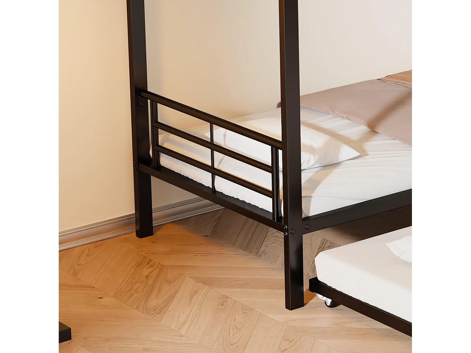 Lit 90x200 cm / 90x190 cm - Lit Superposé Avec Lit Gigogne 3 Places - En Métal, 4 Barrières et Échelle 3 Marches - Noir - Sans Matelas