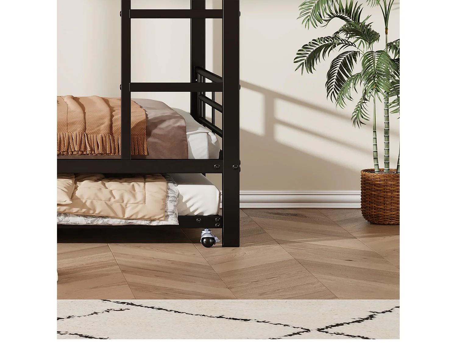 Lit 90x200 cm / 90x190 cm - Lit Superposé Avec Lit Gigogne 3 Places - En Métal, 4 Barrières et Échelle 3 Marches - Noir - Sans Matelas