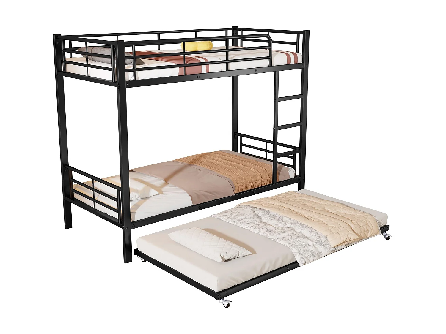 Lit 90x200 cm / 90x190 cm - Lit Superposé Avec Lit Gigogne 3 Places - En Métal, 4 Barrières et Échelle 3 Marches - Noir - Sans Matelas