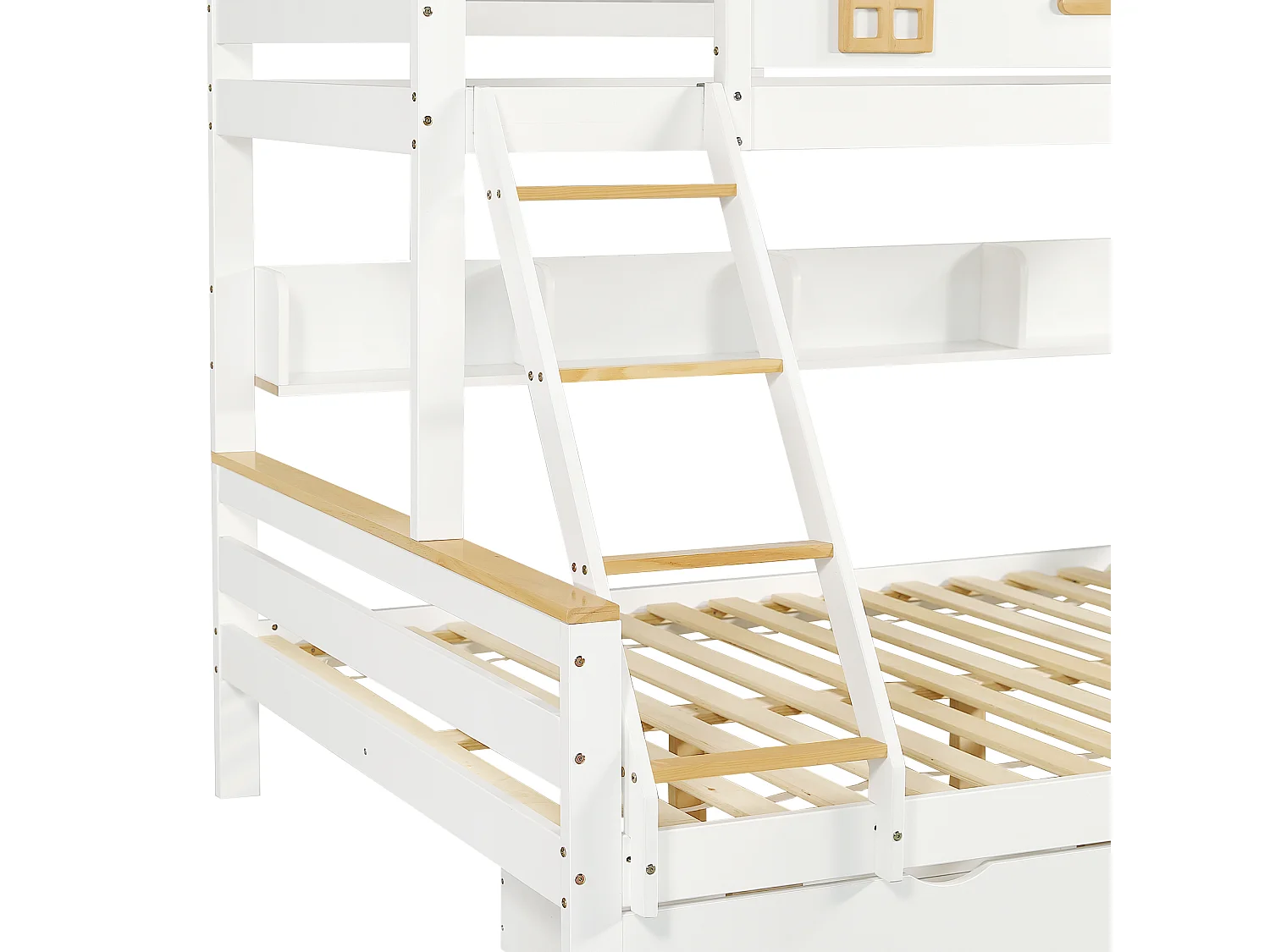 Lit superposé 90/140x200 cm avec 2 tiroirs, échelle et garde-corps, blanc et natulel, bois, sans matelas