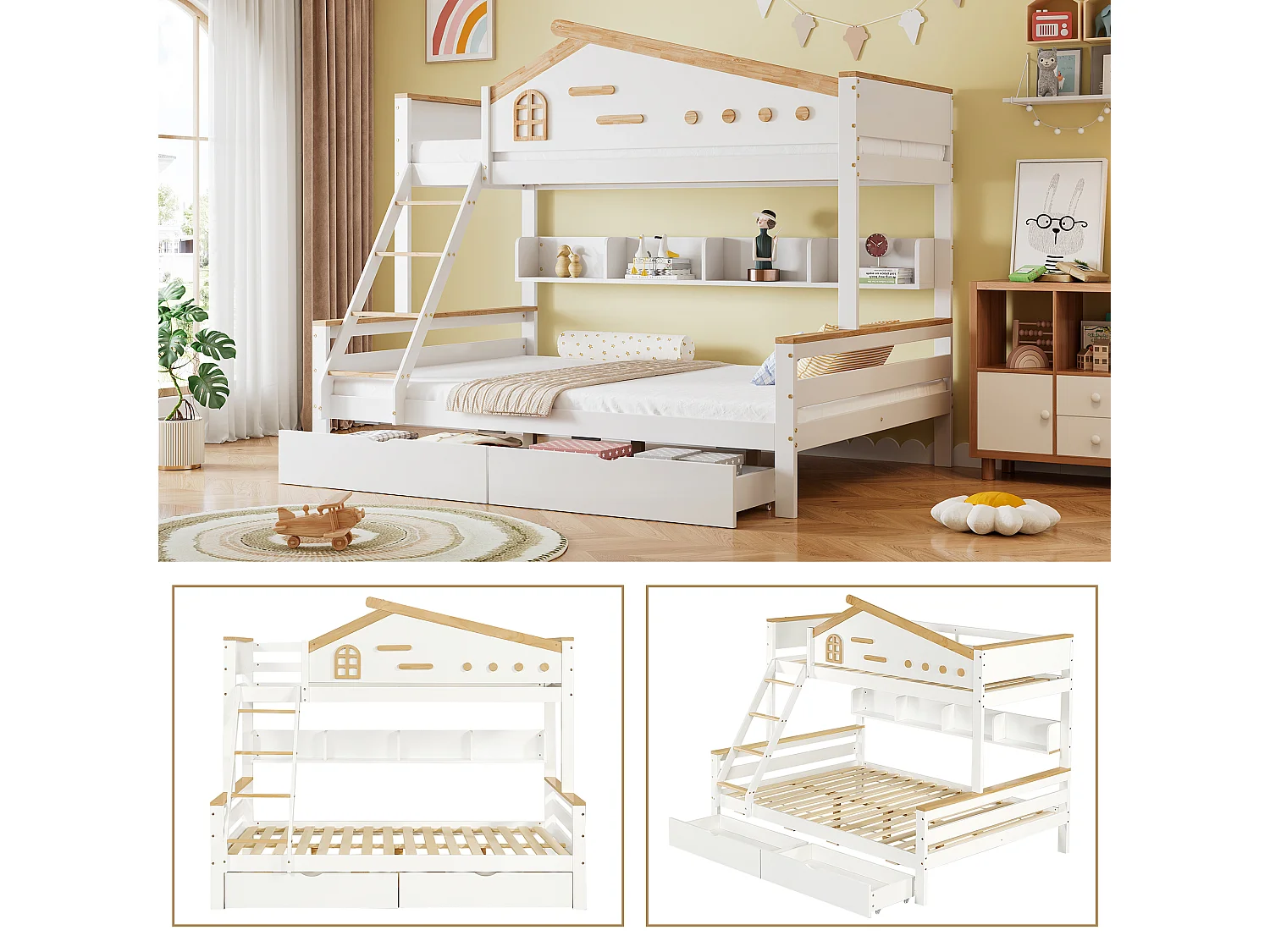 Hoogslaper - 90x200 & 140x200 - Kinderbed met Rausfallschutz en Twee Lades - Hout - Wit