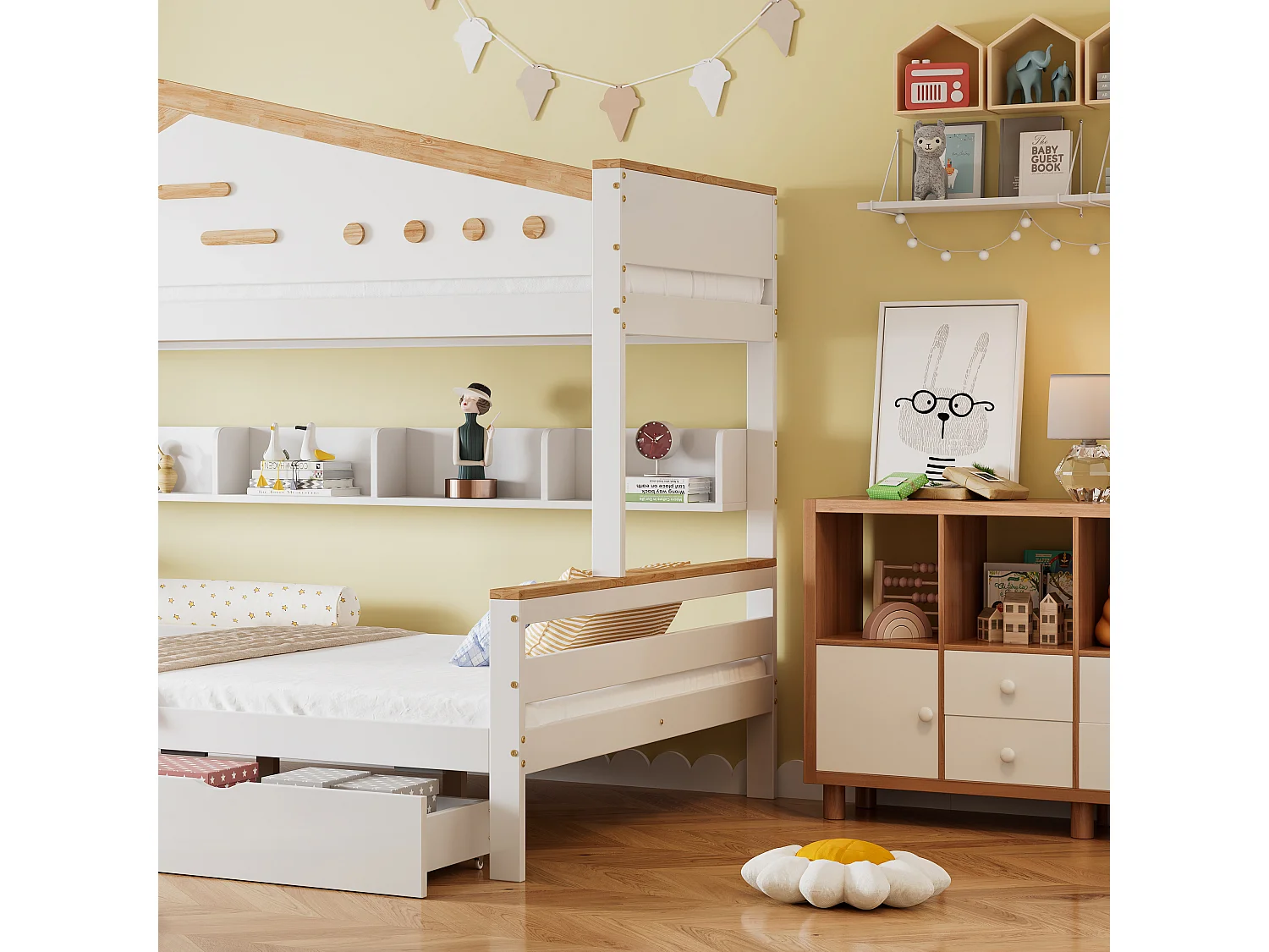 Hoogslaper - 90x200 & 140x200 - Kinderbed met Rausfallschutz en Twee Lades - Hout - Wit
