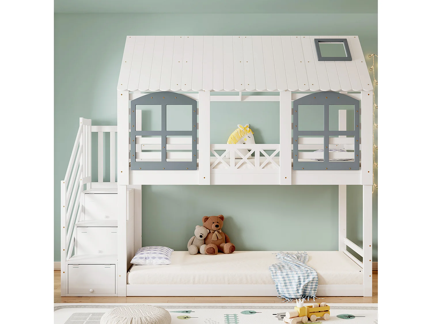 Lit superposé enfant 90x200 cm avec rangement, toit et fenêtres, pin et MDF, blanc et gris, sans matelas