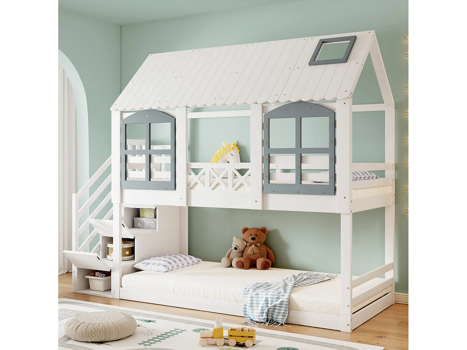 Lit Enfants - Lit Superposé 90 x 200 cm - Avec Toit et Fenêtres et Escalier à 3 Rangements - En Pin;MDF - Sans Matelas - Blanc+Gris