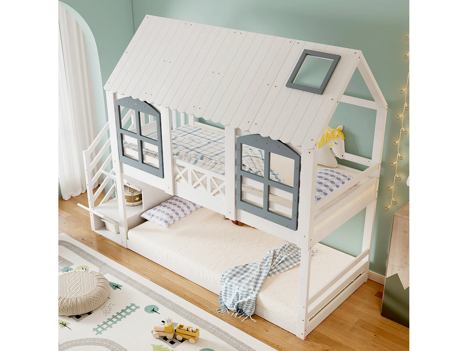 Lit Enfants - Lit Superposé 90 x 200 cm - Avec Toit et Fenêtres et Escalier à 3 Rangements - En Pin;MDF - Sans Matelas - Blanc+Gris