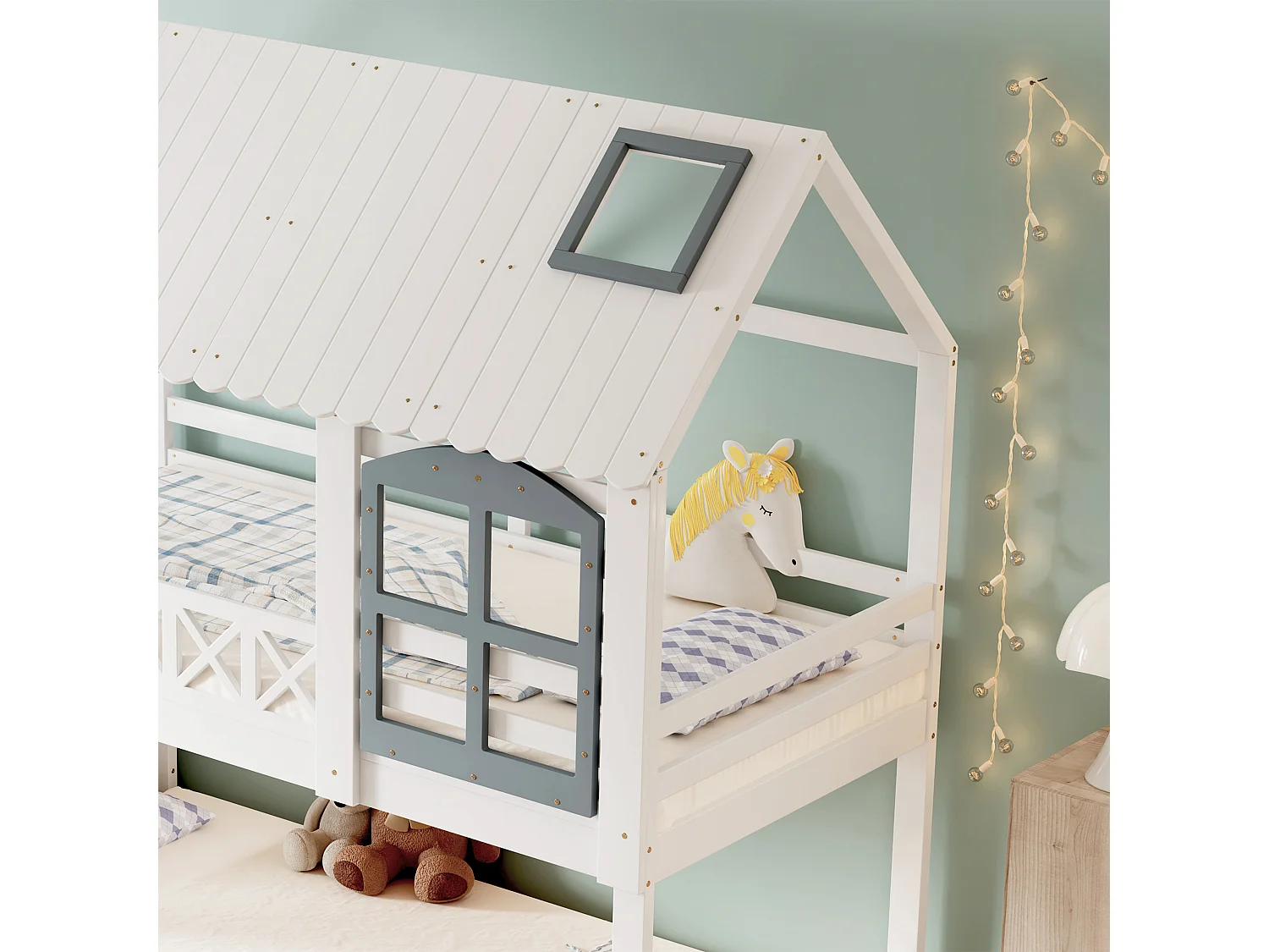 Lit Enfants - Lit Superposé 90 x 200 cm - Avec Toit et Fenêtres et Escalier à 3 Rangements - En Pin;MDF - Sans Matelas - Blanc+Gris